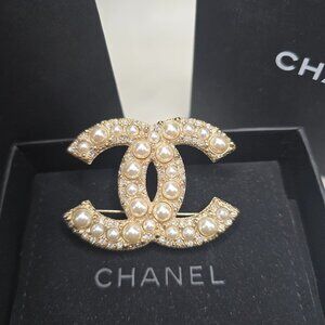 Chanel Gold Pearly White and Crystal Brooch